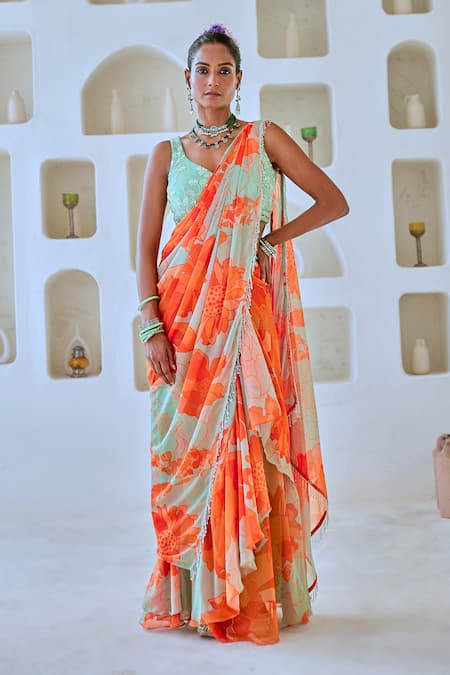 Myaara Floral Print Pre-Draped Saree With Blouse 