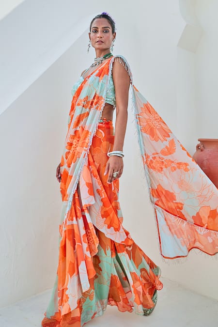 Myaara_Green Chiffon, Georgette Tassels, Floral Print Pre-draped Saree With Blouse _Online_at_Aza_Fashions
