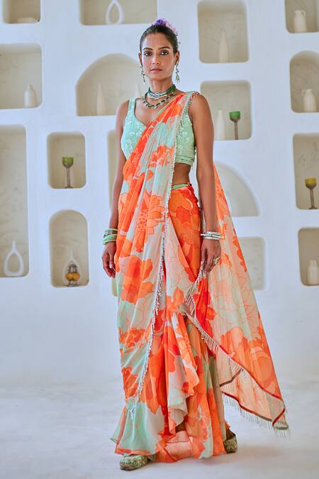 Buy_Myaara_Green Chiffon, Georgette Tassels, Floral Print Pre-draped Saree With Blouse _Online_at_Aza_Fashions