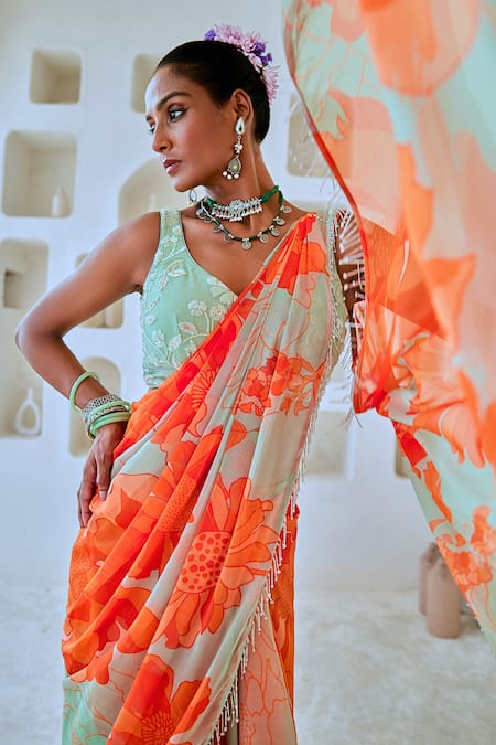 Shop_Myaara_Green Chiffon, Georgette Tassels, Floral Print Pre-draped Saree With Blouse _Online_at_Aza_Fashions
