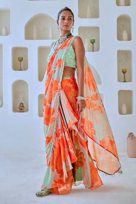 Myaara_Green Chiffon, Georgette Tassels, Floral Print Pre-draped Saree With Blouse _at_Aza_Fashions
