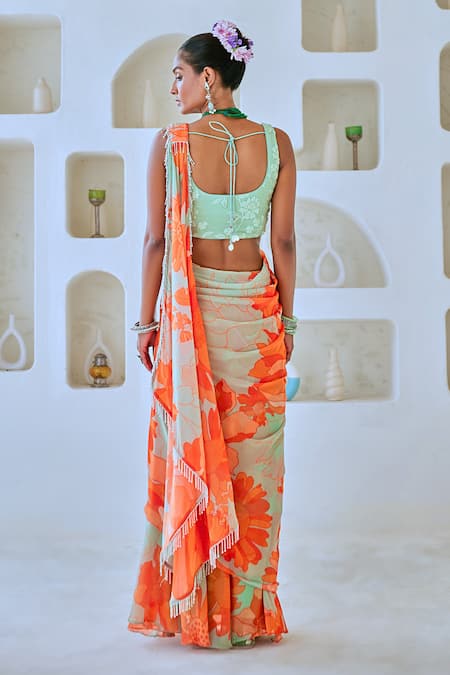 Myaara Floral Print Pre-Draped Saree With Blouse 