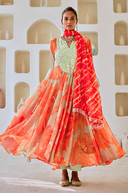 Myaara Green Chanderi, Viscose, Cotton, Tissue Floral Print Anarkali Pant Set Online at Aza Fashions Myaara_Green Chanderi, Viscose, Cotton, Tissue Floral Print Anarkali Pant Set _Online_at_Aza_Fashions