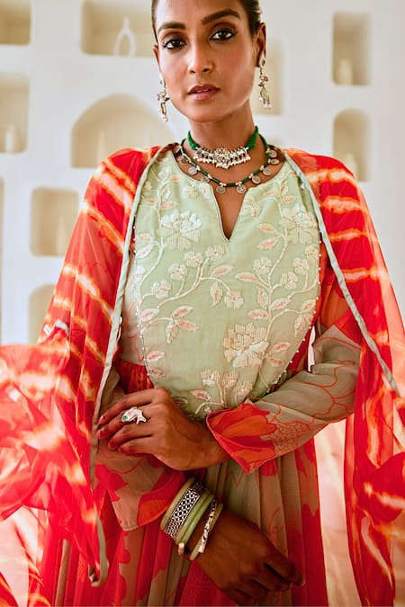 Buy Myaara Green Chanderi, Viscose, Cotton, Tissue Floral Print Anarkali Pant Set Online at Aza Fashions Buy_Myaara_Green Chanderi, Viscose, Cotton, Tissue Floral Print Anarkali Pant Set _Online_at_Aza_Fashions