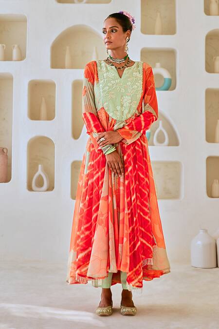 Shop Myaara Green Chanderi, Viscose, Cotton, Tissue Floral Print Anarkali Pant Set Online at Aza Fashions Shop_Myaara_Green Chanderi, Viscose, Cotton, Tissue Floral Print Anarkali Pant Set _Online_at_Aza_Fashions