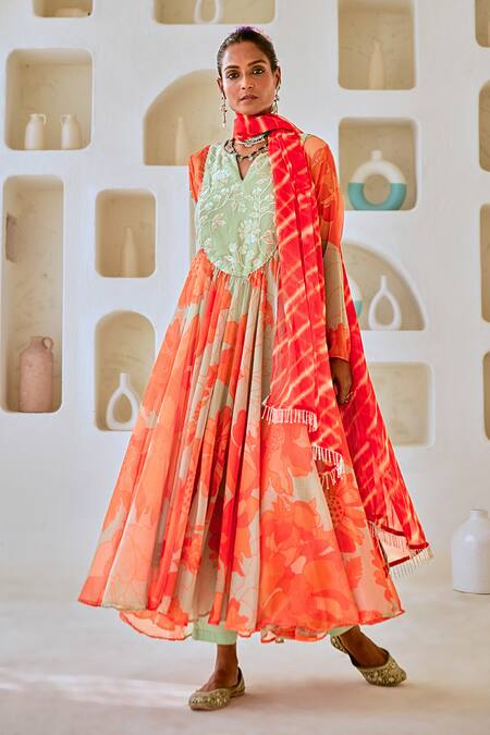 Myaara Green Chanderi, Viscose, Cotton, Tissue Floral Print Anarkali Pant Set at Aza Fashions Myaara_Green Chanderi, Viscose, Cotton, Tissue Floral Print Anarkali Pant Set _at_Aza_Fashions