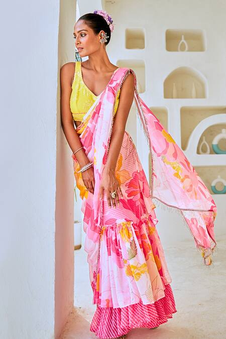 Myaara_White Chiffon, Georgette Tassels, Floral Print Pre-draped Saree And Blouse Set _Online_at_Aza_Fashions