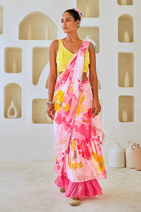 Buy_Myaara_White Chiffon, Georgette Tassels, Floral Print Pre-draped Saree And Blouse Set _Online_at_Aza_Fashions