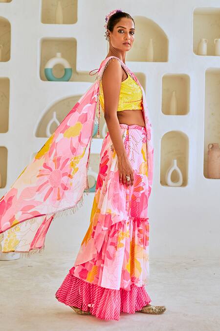 Myaara_White Chiffon, Georgette Tassels, Floral Print Pre-draped Saree And Blouse Set _at_Aza_Fashions