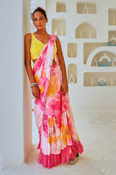 Shop_Myaara_White Chiffon, Georgette Tassels, Floral Print Pre-draped Saree And Blouse Set 