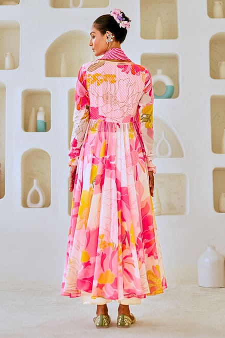 Myaara Floral Print Anarkali Set With Leheriya Dupatta 