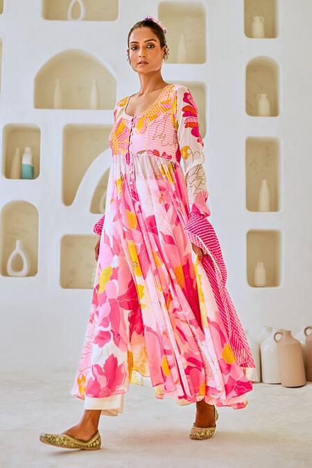 Buy_Myaara_White Chiffon, Cotton Embroidery Floral Print Anarkali Set With Leheriya Dupatta _Online_at_Aza_Fashions