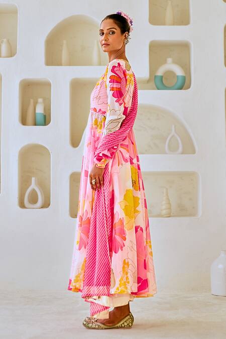 Shop_Myaara_White Chiffon, Cotton Embroidery Floral Print Anarkali Set With Leheriya Dupatta _Online_at_Aza_Fashions