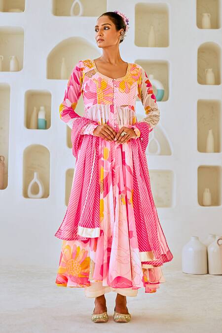 Myaara_White Chiffon, Cotton Embroidery Floral Print Anarkali Set With Leheriya Dupatta _at_Aza_Fashions