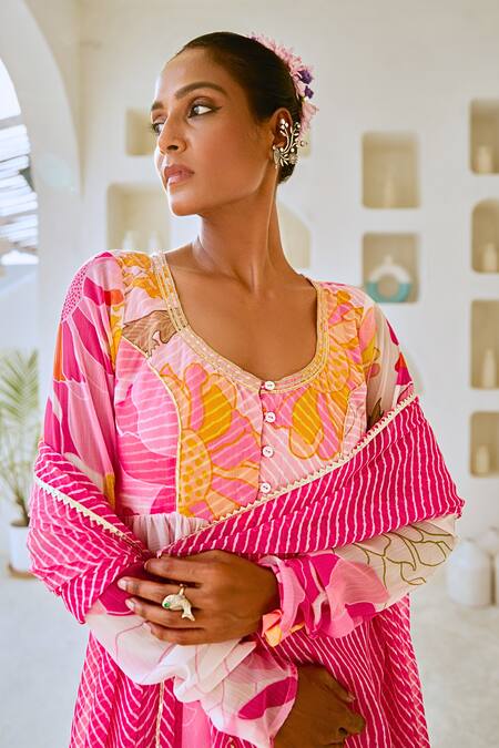 Buy_Myaara_White Chiffon, Cotton Embroidery Floral Print Anarkali Set With Leheriya Dupatta 