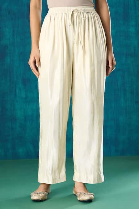 Mushio Peach Chanderi, Gabardine, Crepe Urvi Floral Embroidered A-line Kurta And Pant Set Online at Aza Fashions Mushio_Peach Chanderi, Gabardine, Crepe Urvi Floral Embroidered A-line Kurta And Pant Set _Online_at_Aza_Fashions