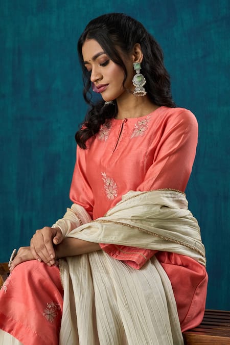 Shop Mushio Peach Chanderi, Gabardine, Crepe Urvi Floral Embroidered A-line Kurta And Pant Set at Aza Fashions Shop_Mushio_Peach Chanderi, Gabardine, Crepe Urvi Floral Embroidered A-line Kurta And Pant Set _at_Aza_Fashions
