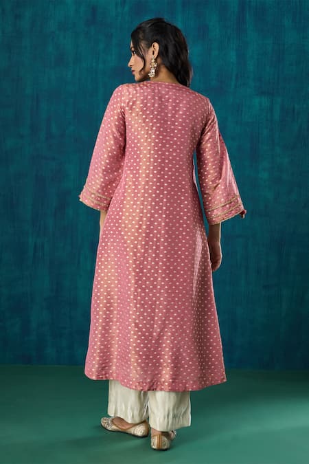 Shop Mushio Pink Chanderi, Gingham, Crepe Lace, Amala Zari Embroidered Kurta And Pant Set at Aza Fashions Shop_Mushio_Pink Chanderi, Gingham, Crepe Lace, Amala Zari Embroidered Kurta And Pant Set _at_Aza_Fashions