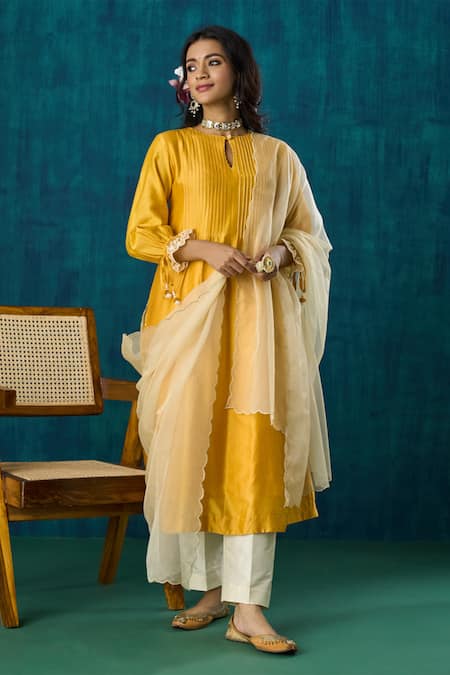 Mushio Amrai Chanderi Embroidered A-Line Kurta & Pant Set 