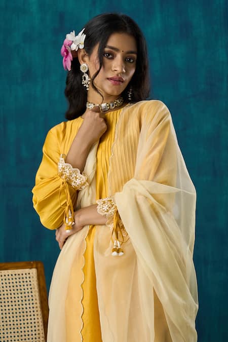 Mushio Yellow Chanderi, Cotton, Silk, Organza Amrai A-line Kurta And Pant Set Online at Aza Fashions Mushio_Yellow Chanderi, Cotton, Silk, Organza Amrai A-line Kurta And Pant Set _Online_at_Aza_Fashions