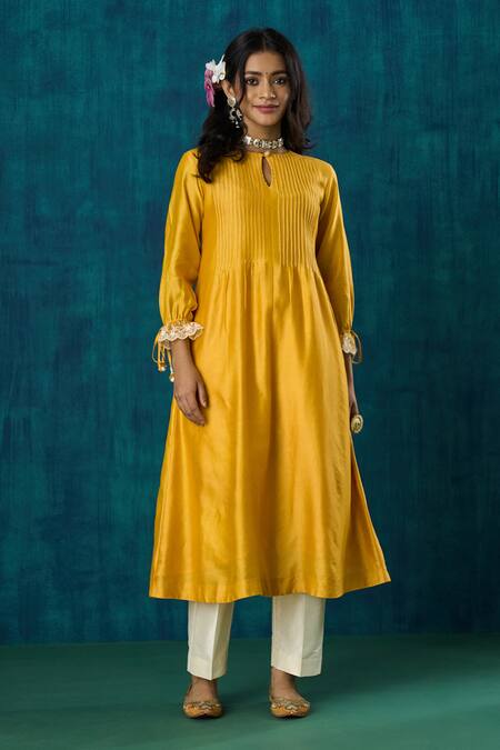 Buy Mushio Yellow Chanderi, Cotton, Silk, Organza Amrai A-line Kurta And Pant Set Online at Aza Fashions Buy_Mushio_Yellow Chanderi, Cotton, Silk, Organza Amrai A-line Kurta And Pant Set _Online_at_Aza_Fashions