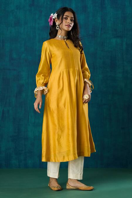 Shop Mushio Yellow Chanderi, Cotton, Silk, Organza Amrai A-line Kurta And Pant Set Online at Aza Fashions Shop_Mushio_Yellow Chanderi, Cotton, Silk, Organza Amrai A-line Kurta And Pant Set _Online_at_Aza_Fashions