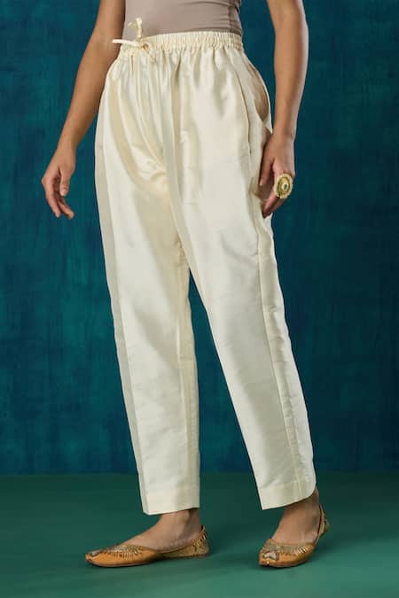 Buy Mushio Yellow Chanderi, Cotton, Silk, Organza Amrai A-line Kurta And Pant Set Buy_Mushio_Yellow Chanderi, Cotton, Silk, Organza Amrai A-line Kurta And Pant Set