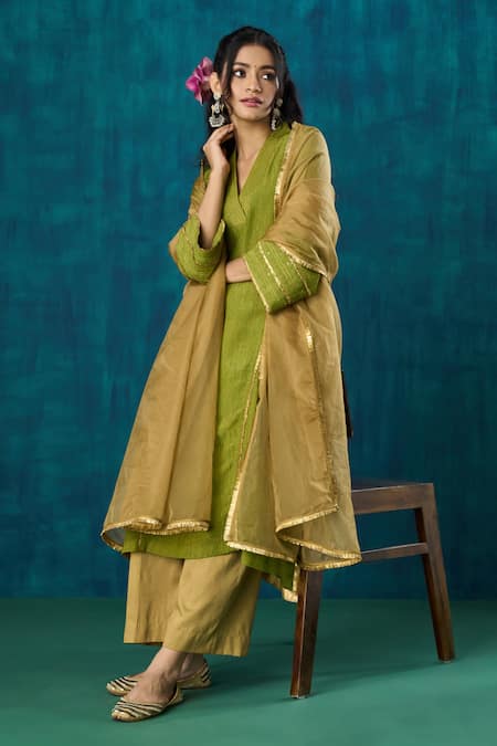 Mushio Green Kurta Crinkle Tissue Embroidery Lace Jivika Zari High Low And Pant Set 