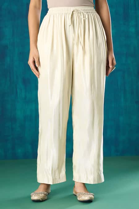 Mushio_Magenta Chanderi, Gabardine, Crepe Charvi Floral A-line Kurta And Pant Set _Online_at_Aza_Fashions