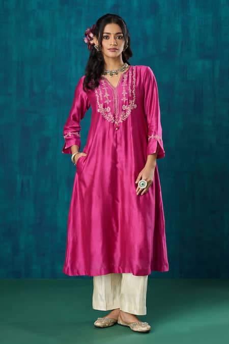 Shop_Mushio_Magenta Chanderi, Gabardine, Crepe Charvi Floral A-line Kurta And Pant Set _Online_at_Aza_Fashions