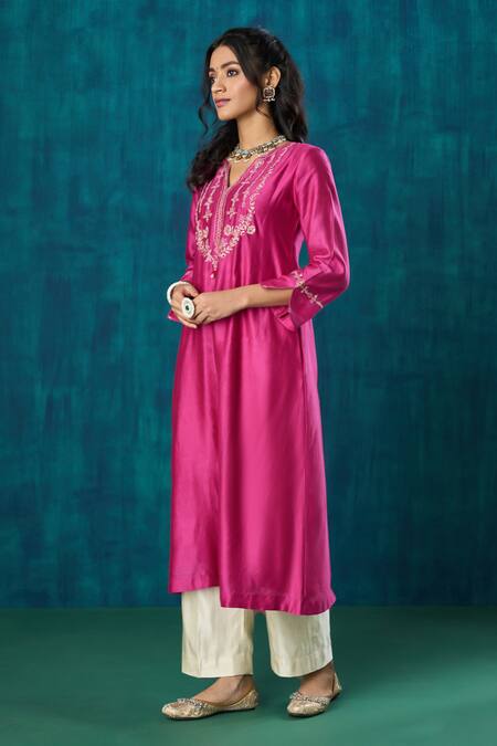 Mushio_Magenta Chanderi, Gabardine, Crepe Charvi Floral A-line Kurta And Pant Set _at_Aza_Fashions