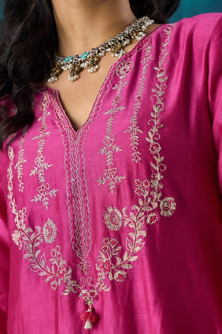 Shop_Mushio_Magenta Chanderi, Gabardine, Crepe Charvi Floral A-line Kurta And Pant Set 