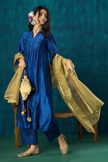 Mushio Blue Kurta Chanderi Embroidery Beads Notched Leela A-line And Pant Set 