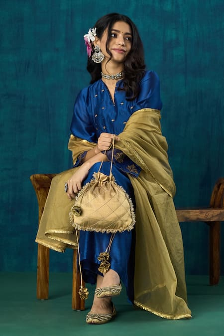 Mushio_Blue Chanderi, Cotton, Organza, Silk Beads, Leela A-line Kurta And Pant Set _Online_at_Aza_Fashions