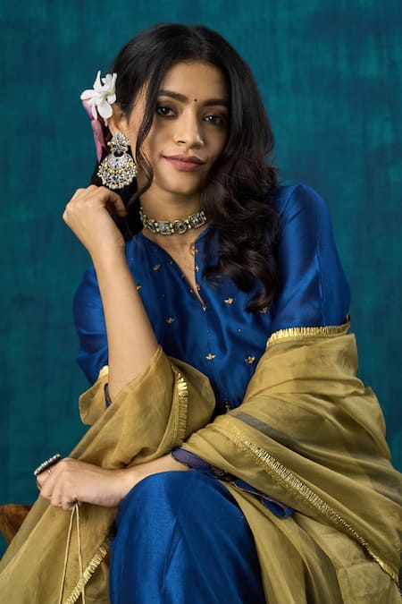 Buy_Mushio_Blue Chanderi, Cotton, Organza, Silk Beads, Leela A-line Kurta And Pant Set _Online_at_Aza_Fashions