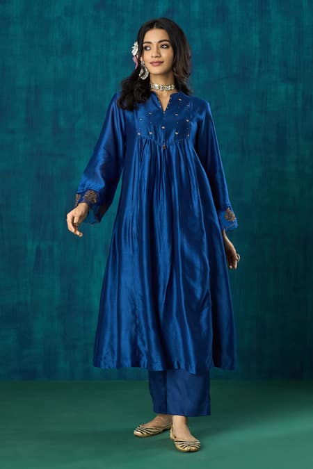 Shop_Mushio_Blue Chanderi, Cotton, Organza, Silk Beads, Leela A-line Kurta And Pant Set _Online_at_Aza_Fashions