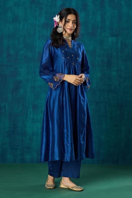 Mushio_Blue Chanderi, Cotton, Organza, Silk Beads, Leela A-line Kurta And Pant Set _at_Aza_Fashions