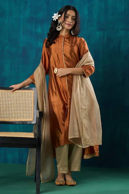 Mushio Orange Kurta Habotai Silk Embroidery Lace Band Sanika High Low And Pant Set 