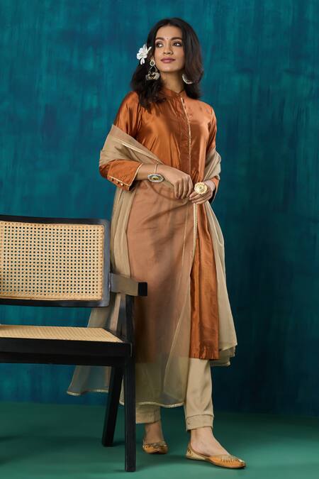 Buy_Mushio_Orange Silk, Organza Lace, Embroidery Bandeau Sanika High Low Kurta And Pant Set _Online_at_Aza_Fashions