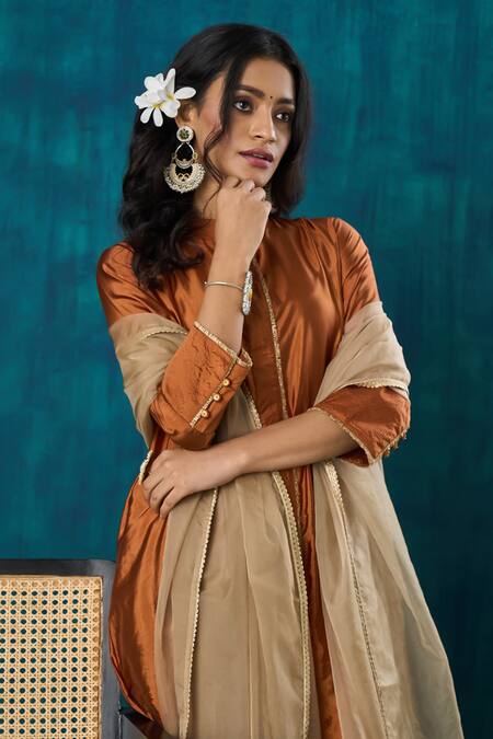 Shop_Mushio_Orange Silk, Organza Lace, Embroidery Bandeau Sanika High Low Kurta And Pant Set _Online_at_Aza_Fashions