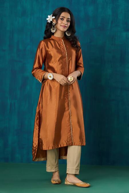 Buy_Mushio_Orange Silk, Organza Lace, Embroidery Bandeau Sanika High Low Kurta And Pant Set 