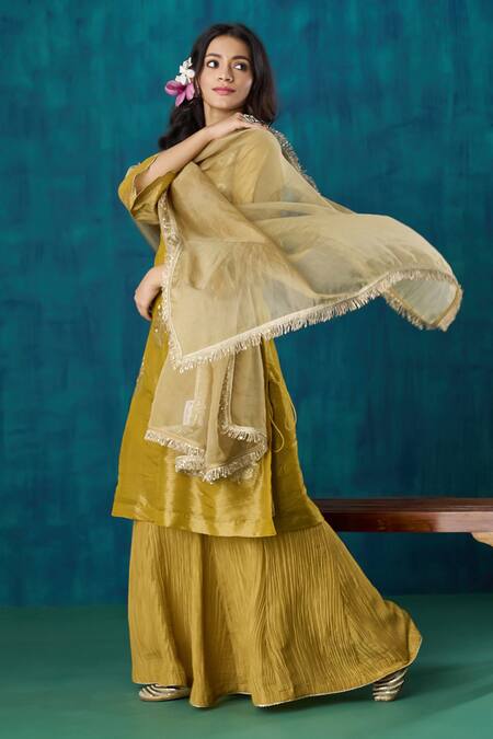 Mushio Yellow Tissue, Organza Embroidery, Suvarna Floral A-line Kurta And Sharara Set Online at Aza Fashions Mushio_Yellow Tissue, Organza Embroidery, Suvarna Floral A-line Kurta And Sharara Set _Online_at_Aza_Fashions