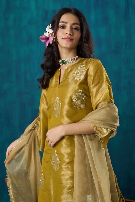 Buy Mushio Yellow Tissue, Organza Embroidery, Suvarna Floral A-line Kurta And Sharara Set Online at Aza Fashions Buy_Mushio_Yellow Tissue, Organza Embroidery, Suvarna Floral A-line Kurta And Sharara Set _Online_at_Aza_Fashions