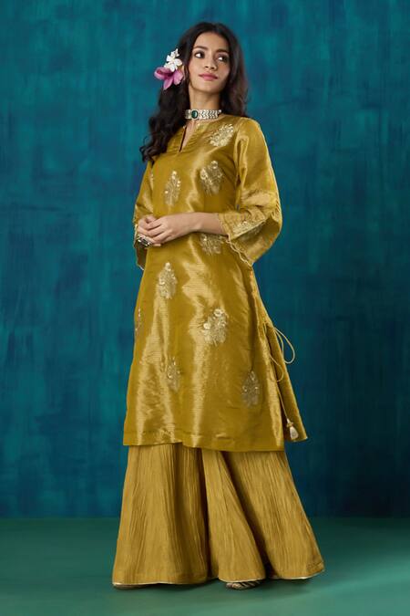 Mushio Yellow Tissue, Organza Embroidery, Suvarna Floral A-line Kurta And Sharara Set at Aza Fashions Mushio_Yellow Tissue, Organza Embroidery, Suvarna Floral A-line Kurta And Sharara Set _at_Aza_Fashions