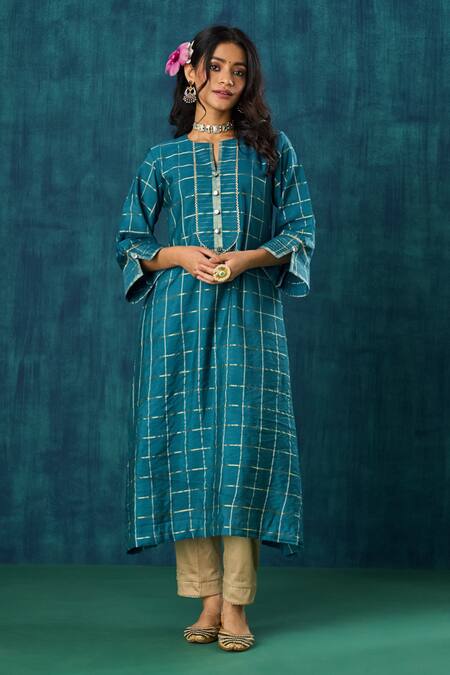 Buy_Mushio_Blue Chanderi, Cotton, Silk, Organza Lace, Janaki Checks Kurta And Pant Set _Online_at_Aza_Fashions