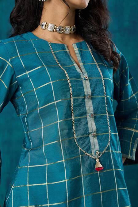 Mushio_Blue Chanderi, Cotton, Silk, Organza Lace, Janaki Checks Kurta And Pant Set _at_Aza_Fashions