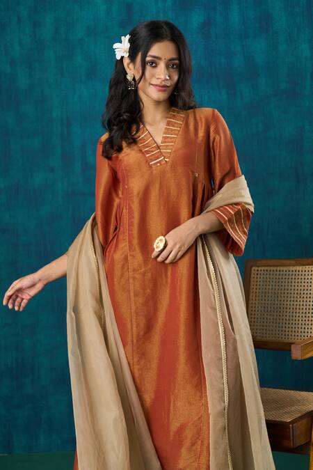 Mushio_Orange Tissue, Cotton, Silk, Organza Navika Embroidered A-line Kurta And Pant Set _Online_at_Aza_Fashions