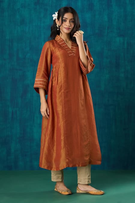 Shop_Mushio_Orange Tissue, Cotton, Silk, Organza Navika Embroidered A-line Kurta And Pant Set _Online_at_Aza_Fashions
