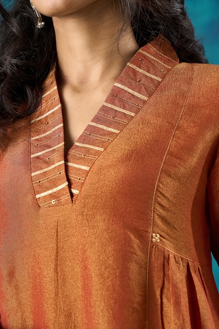 Mushio_Orange Tissue, Cotton, Silk, Organza Navika Embroidered A-line Kurta And Pant Set _at_Aza_Fashions