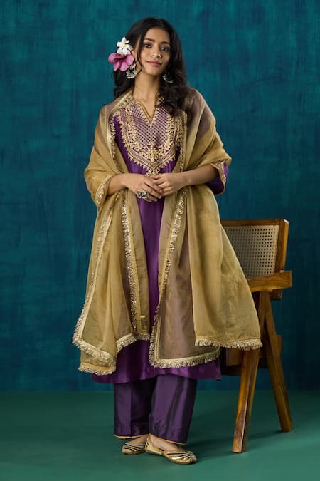 Mushio Shobhita Zari Embroidered A-Line Kurta & Pant Set 